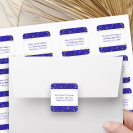 Adesivo Quadrado Rótulos de Endereço Real Azul e Dourado Floral Squ
