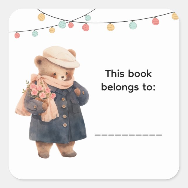 Adesivo Quadrado Rótulos de Livro Urso Fofo (Frente)