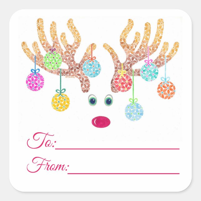 Adesivo Quadrado Rótulos de Presente para Renas e Ornamentos (Frente)