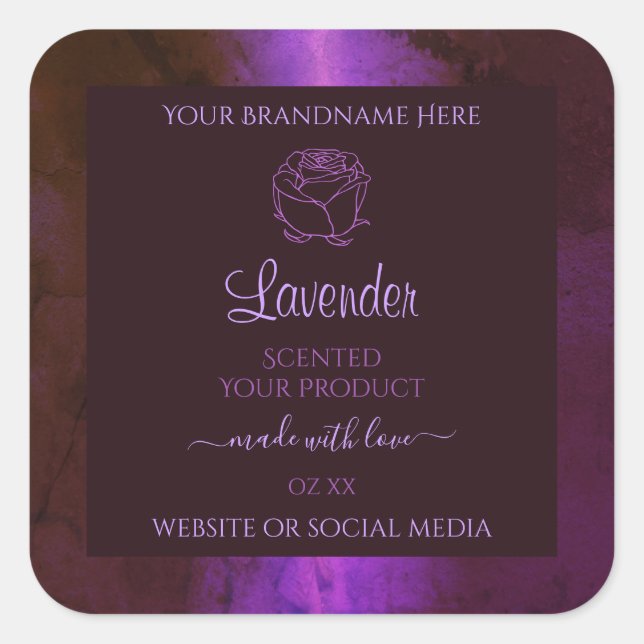 Adesivo Quadrado Rótulos de produto de mármore roxos Shimmery Flor  (Frente)