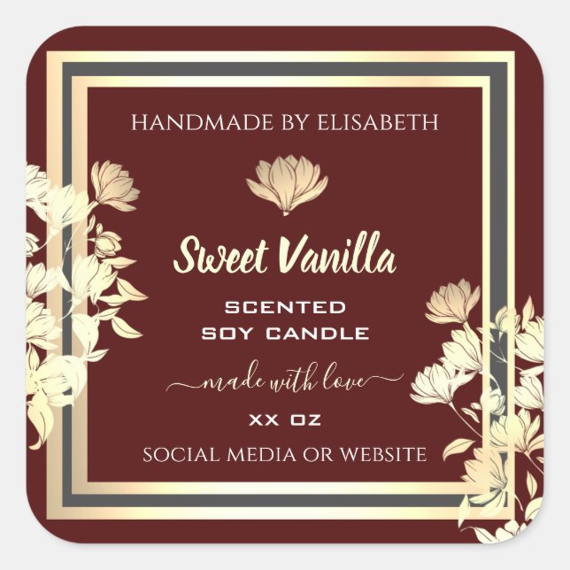 Adesivo Quadrado Rótulos de Produto Dourado Floral de Borgonha Aces (Frente)