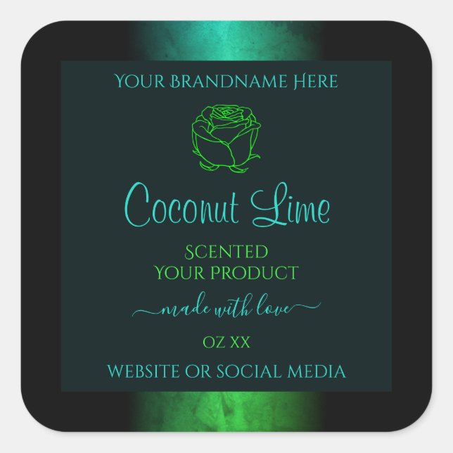 Adesivo Quadrado Rótulos de Produto Floral Moderno Teal e Verde Mar (Frente)