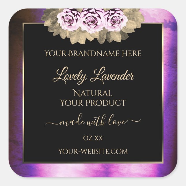 Adesivo Quadrado Rótulos de Produto Preto com Moldura Roxo Floral (Frente)