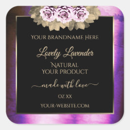 Adesivo Quadrado Rótulos de Produto Preto com Moldura Roxo Floral