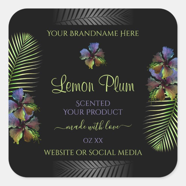 Adesivo Quadrado Rótulos de Produto Preto Flores Amarelas Roxas do  (Frente)