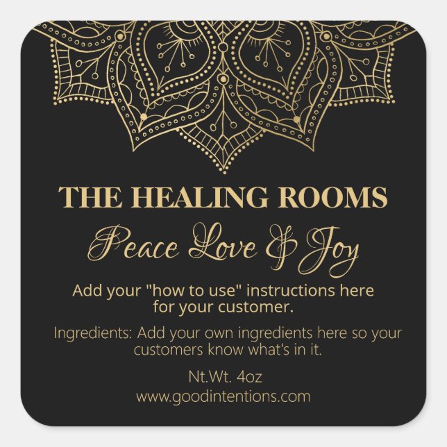 Adesivo Quadrado Rótulos de Terapia Natural de Mandala Preta (Frente)