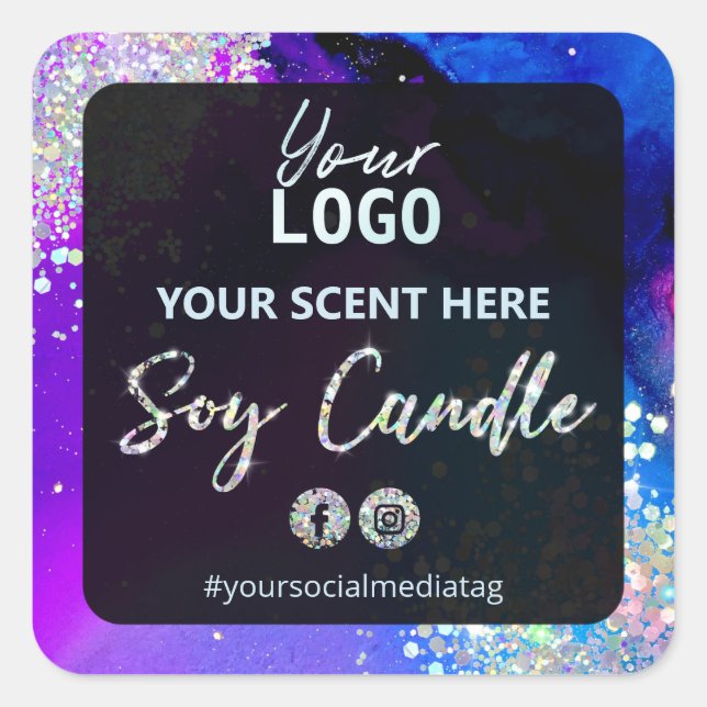 Adesivo Quadrado Rótulos de Velas de Soja Glitter Holográfico para  (Frente)