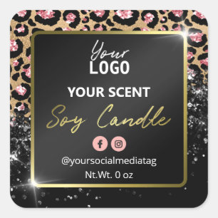 Adesivo Quadrado Rótulos de Velas de Soja Preta Preta, Glam Glitte