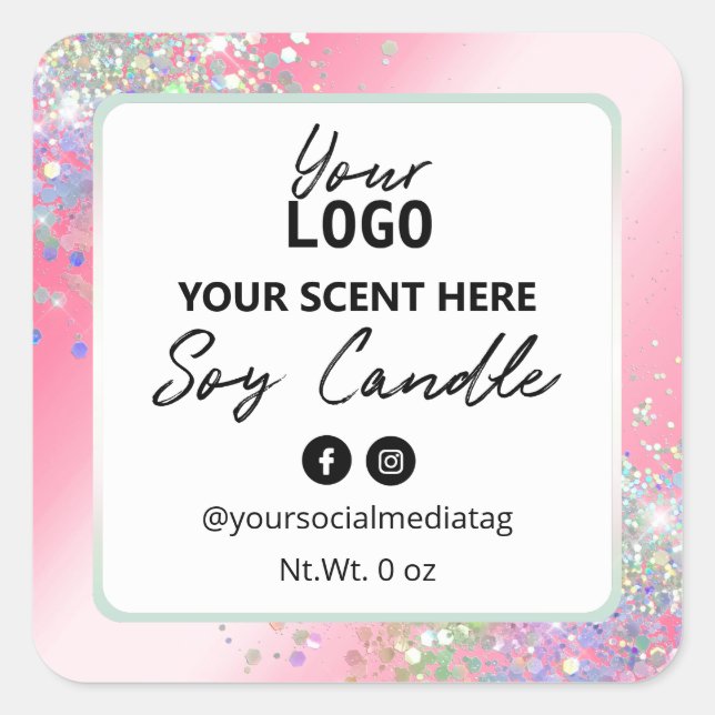 Adesivo Quadrado Rótulos de Velas de Soja Rosa-Glama (Frente)