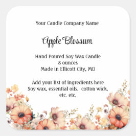 Adesivo Quadrado Rótulos de Velas Personalizados Flor de Pêssego Fl