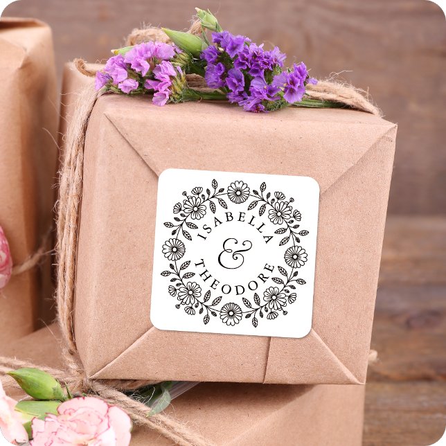 Adesivo Quadrado Rótulos Personalizados com Coroa de Flores Delicad (Criador carregado)