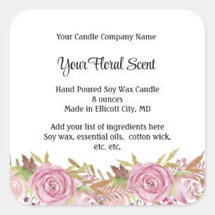 Adesivo Quadrado Rótulos Personalizados de Velas Aroma Floral Rosa