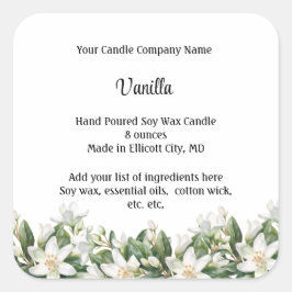 Adesivo Quadrado Rótulos Personalizados de Velas Flores Brancas Flo