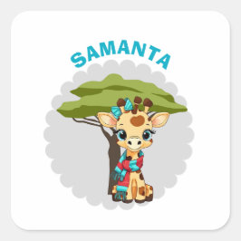 Adesivo Quadrado Rótulos Personalizados "Nome" Girafa na Savana Águ