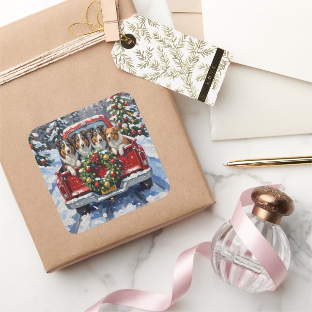 Adesivo Quadrado Rough Collie Christmas Red Truck Holiday (Presentear)