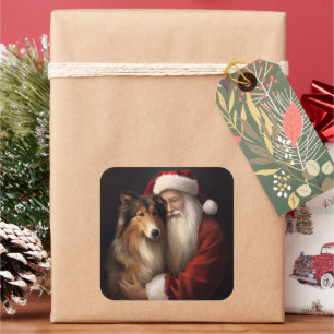 Adesivo Quadrado Rough Collie com Papai Noel Natal Festivo