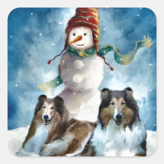 Adesivo Quadrado Rough Collie com Snowman no Natal (Frente)