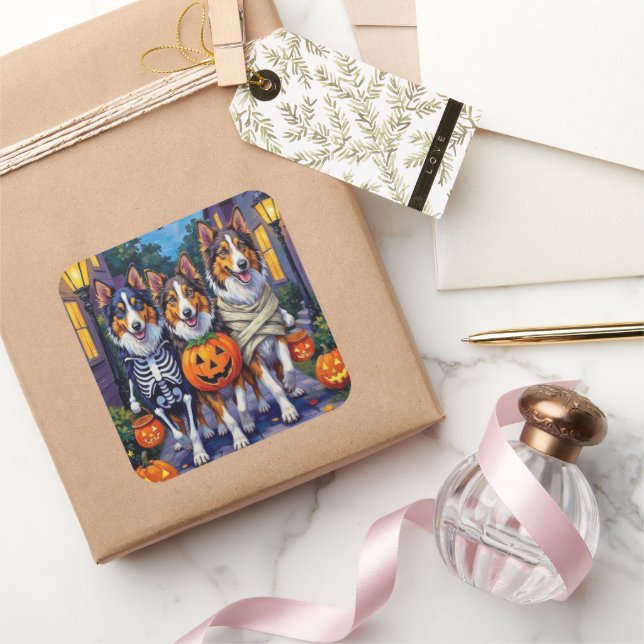 Adesivo Quadrado Rough Collie Trick-or-Treating Halloween Costumes (Presentear)