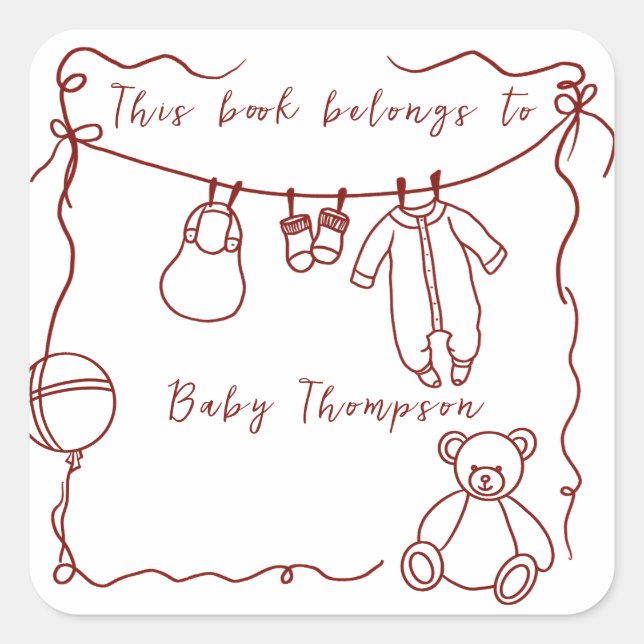 Adesivo Quadrado Roupas de bebê desenhadas à mão - ex-libris (Frente)