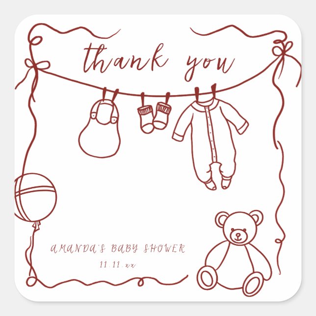 Adesivo Quadrado Roupas de bebê puxadas à mão obrigado (Frente)