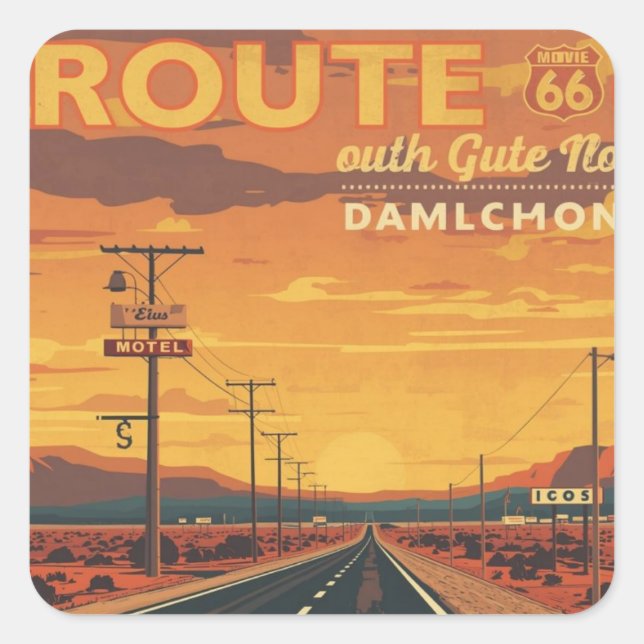 Adesivo Quadrado Route 66 Vintage Sunset Road Art (Frente)