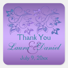 Adesivo Quadrado Roxo, Azul Teal Floral 1,5" Sq. Favor de Casamento