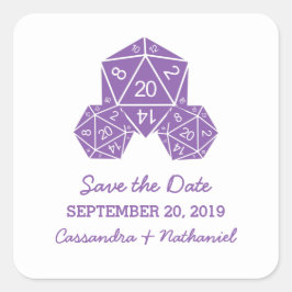 Adesivo Quadrado Roxo D20 Dice Save the Date Stickers