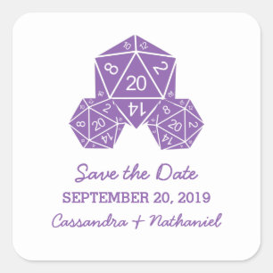 Adesivo Quadrado Roxo D20 Dice Save the Date Stickers