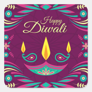 Adesivo Quadrado Roxo de Diwali e ilustração felizes das velas da