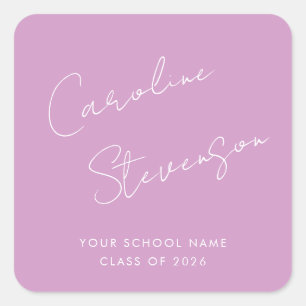 Adesivo Quadrado Roxo de Graduação de Nome Personalizado de Script 