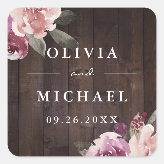 Adesivo Quadrado Roxo de malva $ floral de amora rústico madeira ca (Frente)