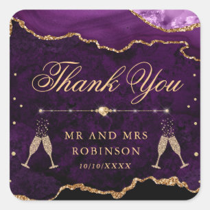 Adesivo Quadrado Roxo & Dourado Mármore Ágata Casamento com Brilho