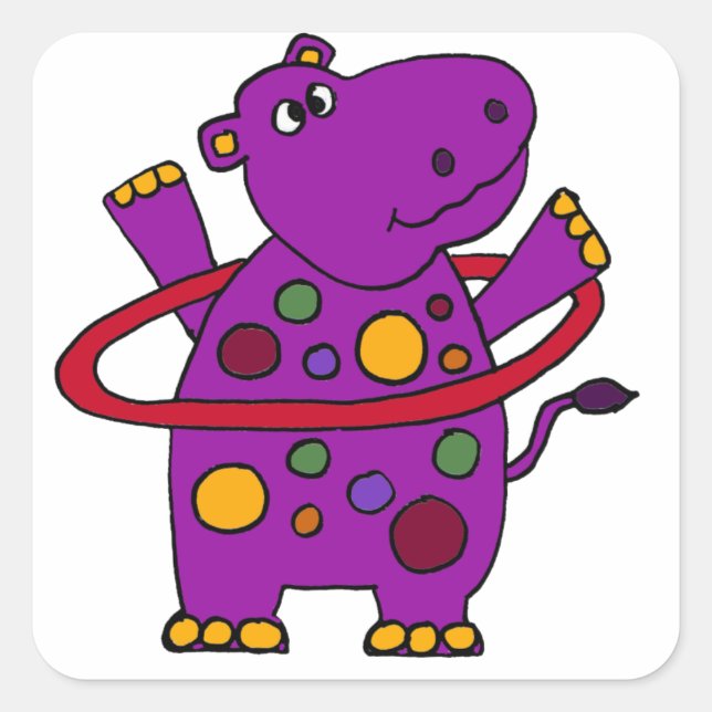 Adesivo Quadrado Roxo Engraçado Hippo Jogando Hoop Hula (Frente)