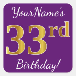 Adesivo Quadrado Roxo, Faux Dourado 33º Aniversário + Nome Personal