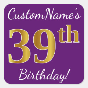 Adesivo Quadrado Roxo, Faux Dourado 39 Aniversário + Nome Personal