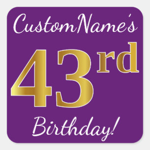 Adesivo Quadrado Roxo, Faux Dourado 43º Aniversário + Nome Person