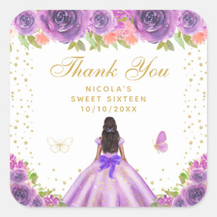 Adesivo Quadrado Roxo Floral Princesa de Pele Morena Sweet Sixteen