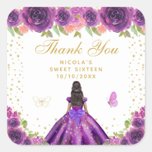 Adesivo Quadrado Roxo Floral Princesa de Pele Morena Sweet Sixteen