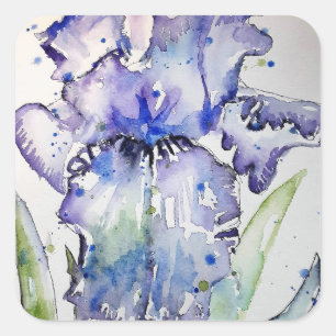 Adesivo Quadrado Roxo Iris Art Watercolor Aniversário Convite Fa