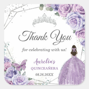 Adesivo Quadrado Roxo Lilás Lavanda Floral Quinceañera Princesa