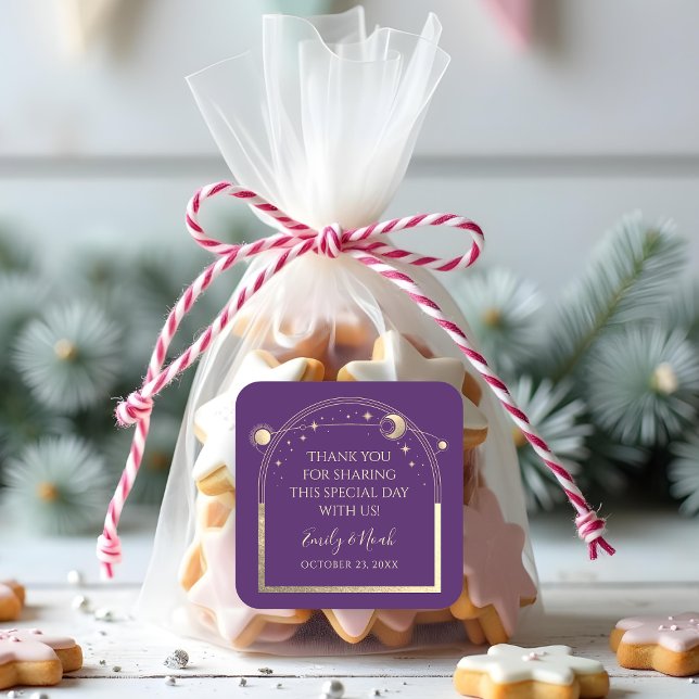 Adesivo Quadrado Roxo Místico Dourado Sol Lua Estrelas Casamento (Criador carregado)