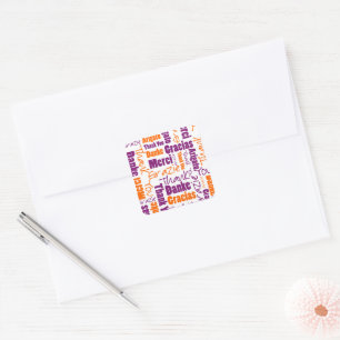 Adesivo Quadrado Roxo/obrigado alaranjado você nuvem multilingue d