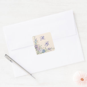 Adesivo Quadrado Roxo Pastel, Branco e Azul Impressão Floral Botâni