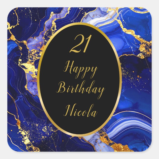 Adesivo Quadrado Royal Blue and Gold Marble Agate Birthday Party (Frente)