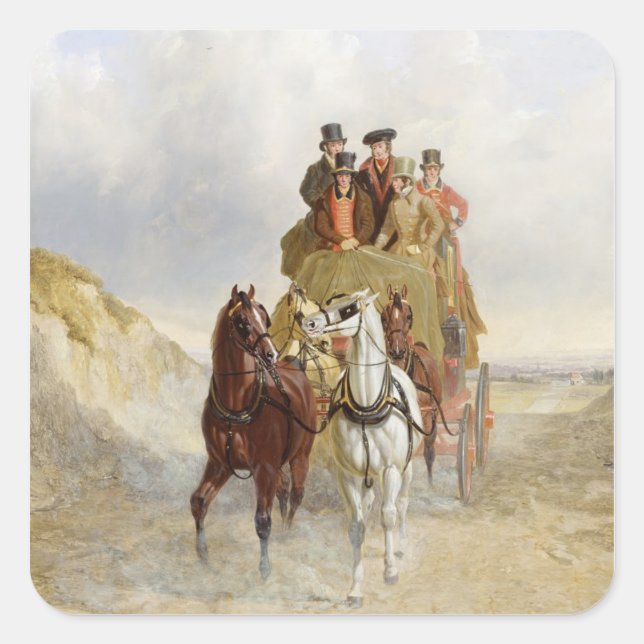 Adesivo Quadrado Royal Mail Coach on the Road, 1841 (óleo em pan (Frente)