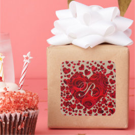Adesivo Quadrado RSVP de Casamento de Rosas do Coração Vermelho