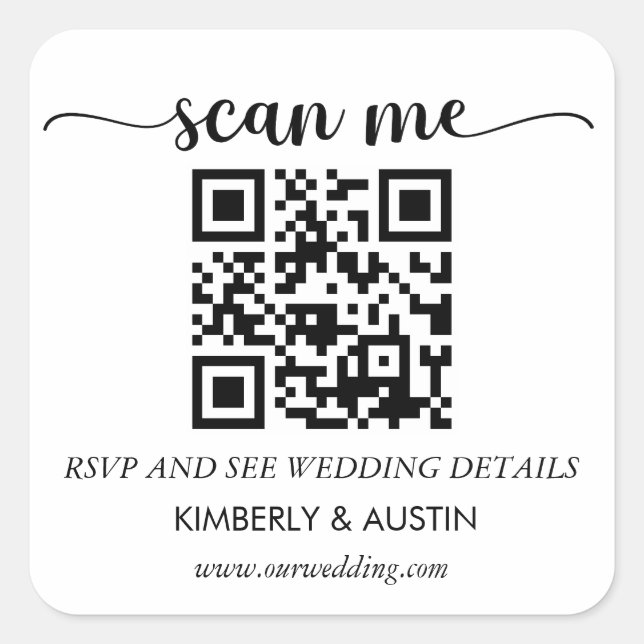 Adesivo Quadrado RSVP de Código Qr | Sítio Web Casamento (Frente)