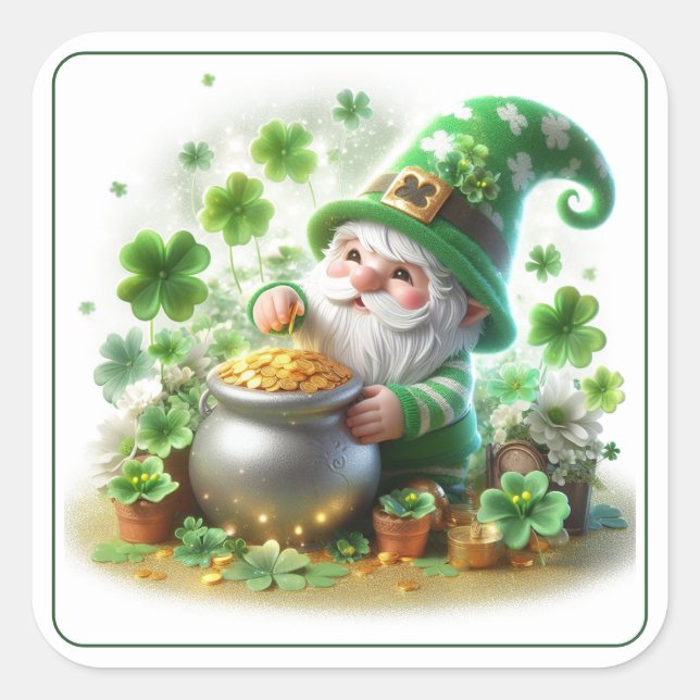 Adesivo Quadrado Ruas bonitas, Gnomo do Dia de Patrick (Frente)