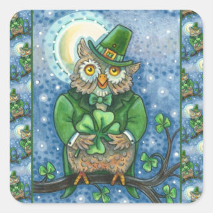 ADESIVO QUADRADO RUAS. PATRICK DAY OWL, 4 LEAF CLOVER LEPRECHAUN