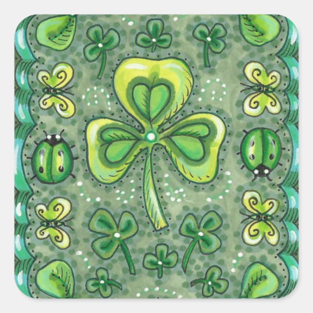 ADESIVO QUADRADO RUAS. PATRICK'S DAY FOLK ART SHAMROCKS N' LADYBUGS (Frente)